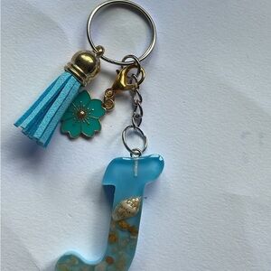 Blue Initial Keychain with Tassel and Flower Charm